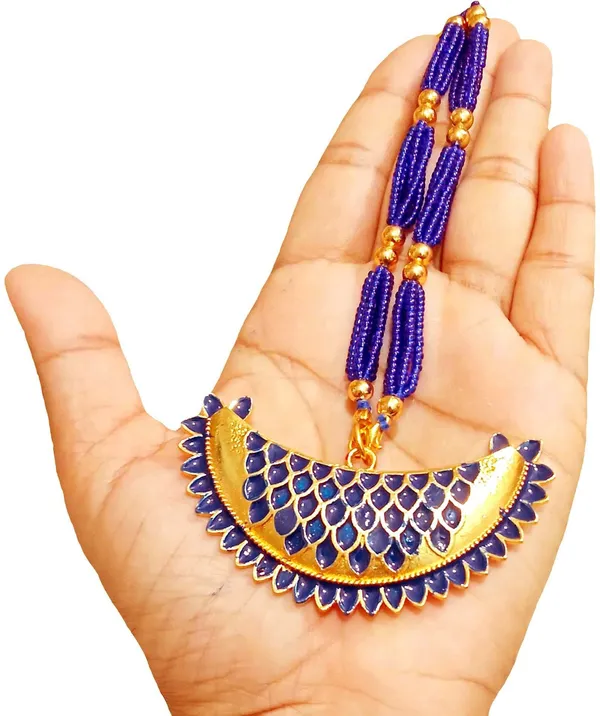 (Pack_Of_2)_Assamese_Traditional_Gold_Plated_Blue_Colour_Joon_Pendant_Tassel_Necklace_For_Girls_&_Women